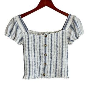 Mudd Womens Striped Button Front Smocked Puff Sleeve Top White Blue Size Small